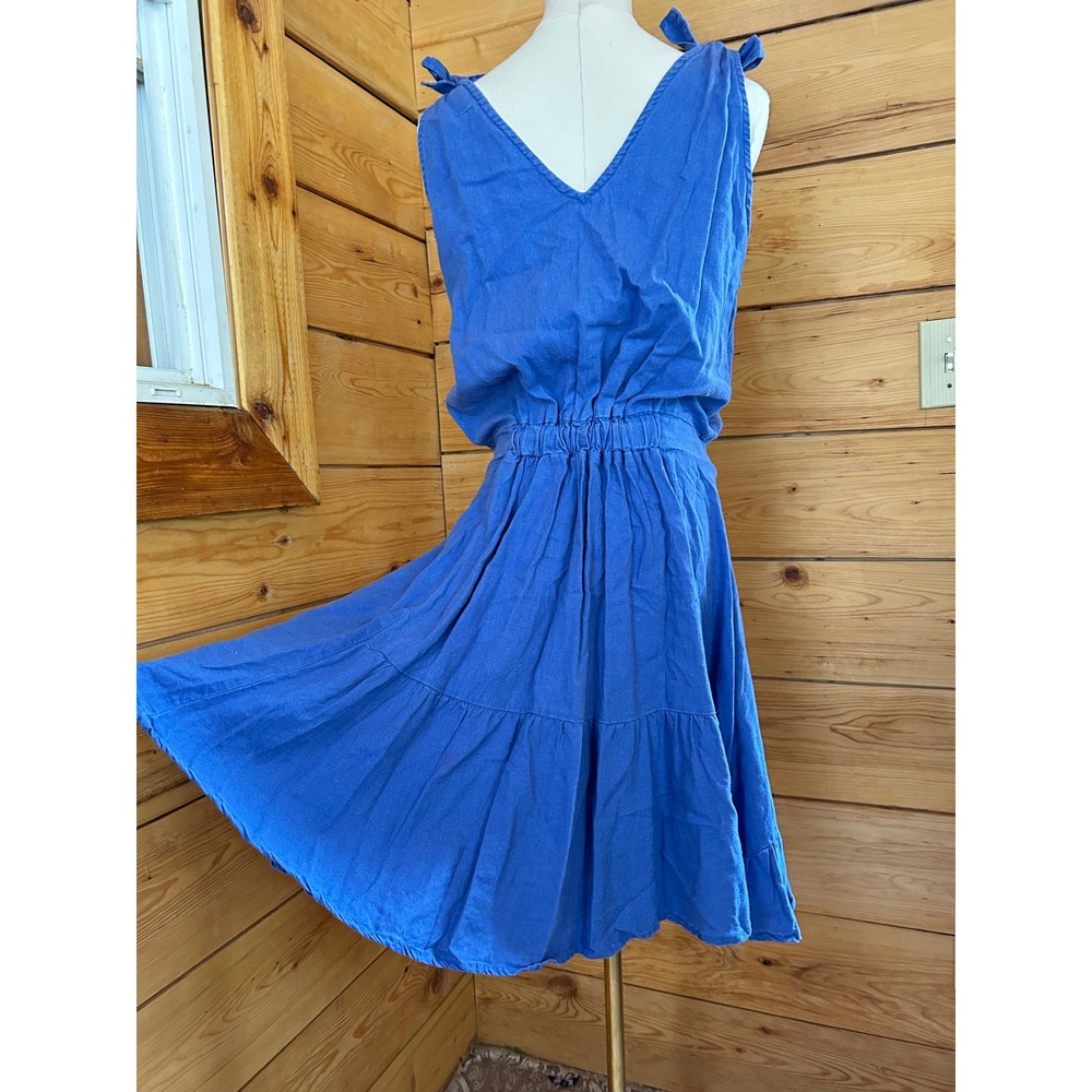 Linen Blend Sundress Women Large Royal Blue Shoulder Tie Tiered Ruffle Justina - Picture 7 of 14